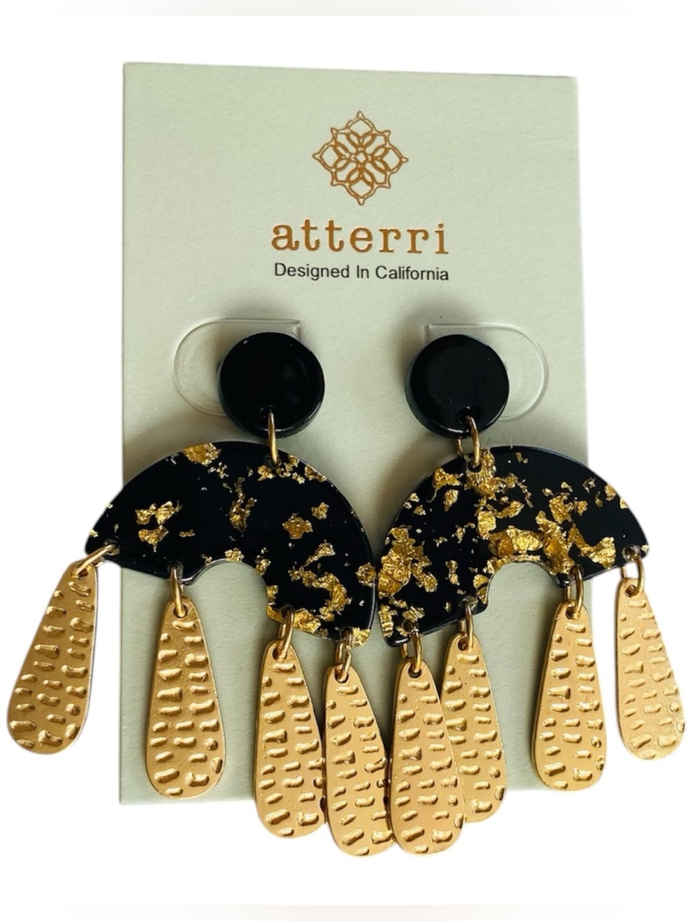 ATTERRI Statement Earrings Black & Gold Flake NWOT